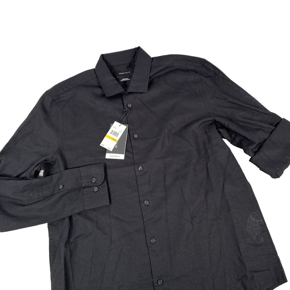 New Mens Perry Ellis Linen Blend Button Up Long Sleeve Shirt Size M Black NWT